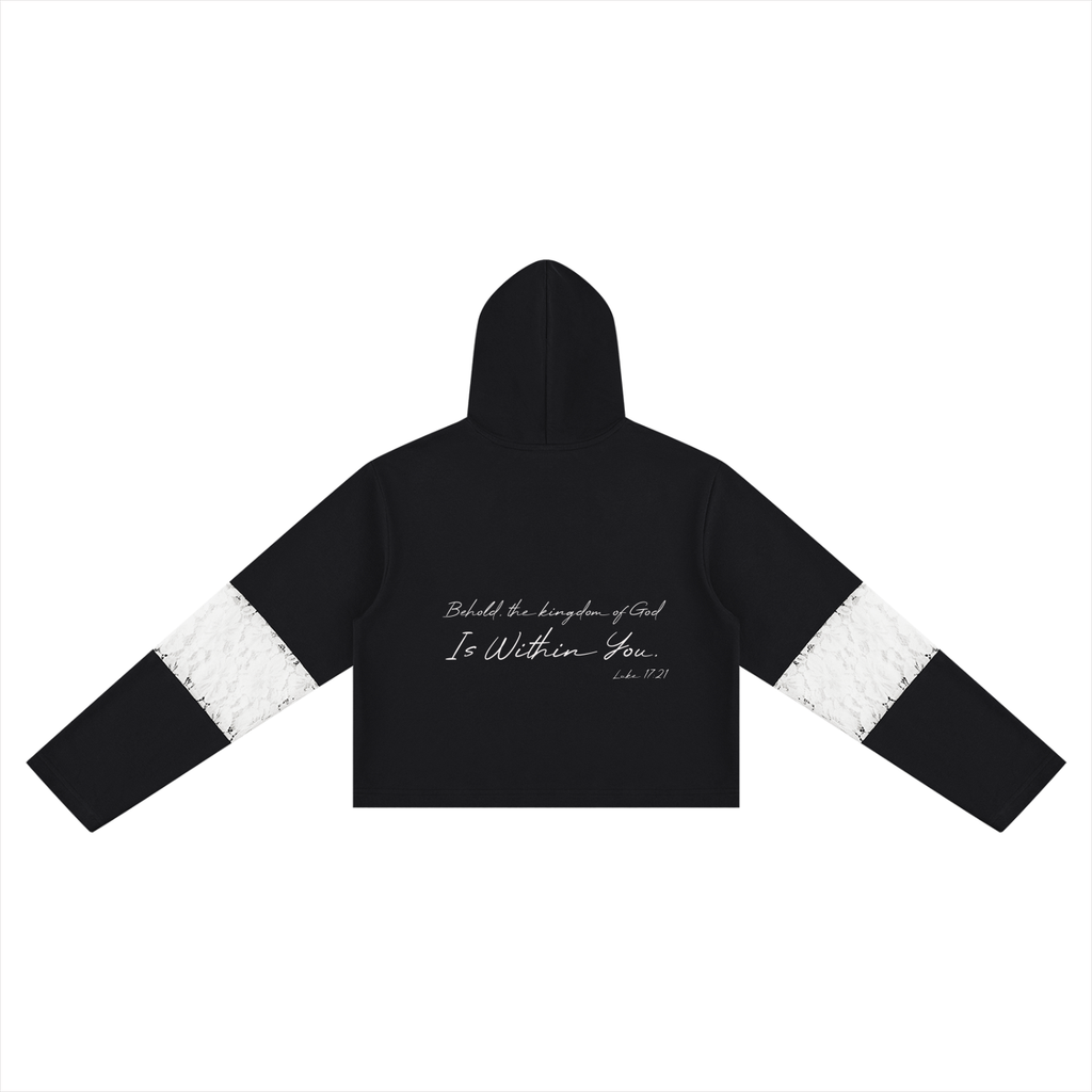 Behold, the Kingdom of God is Within You Women’s Cropped Lace-Panel Hoodie - KR Woke Wear
